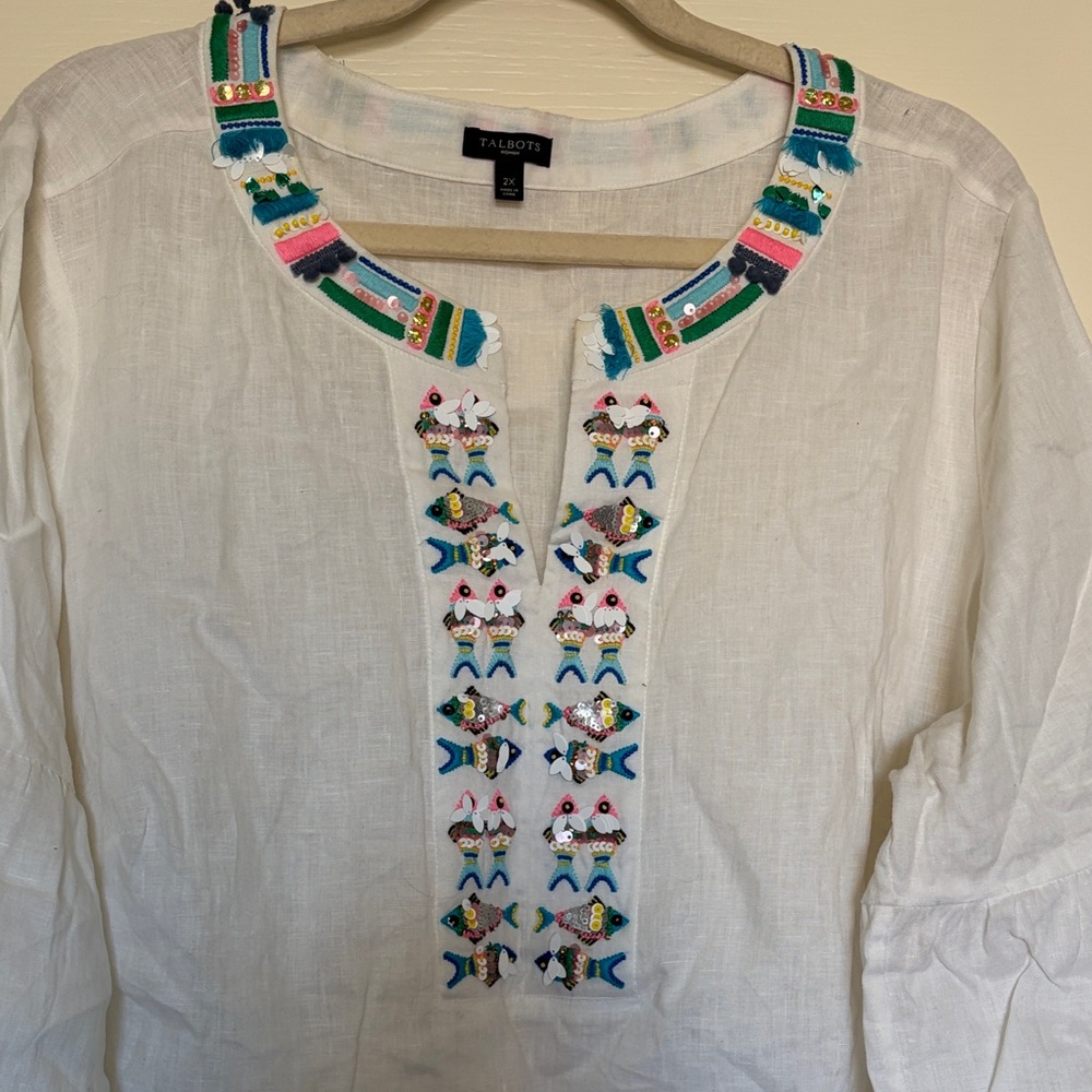 Talbots white linen Blouse tunic with sea fish  Embroidery sequins sz 2X